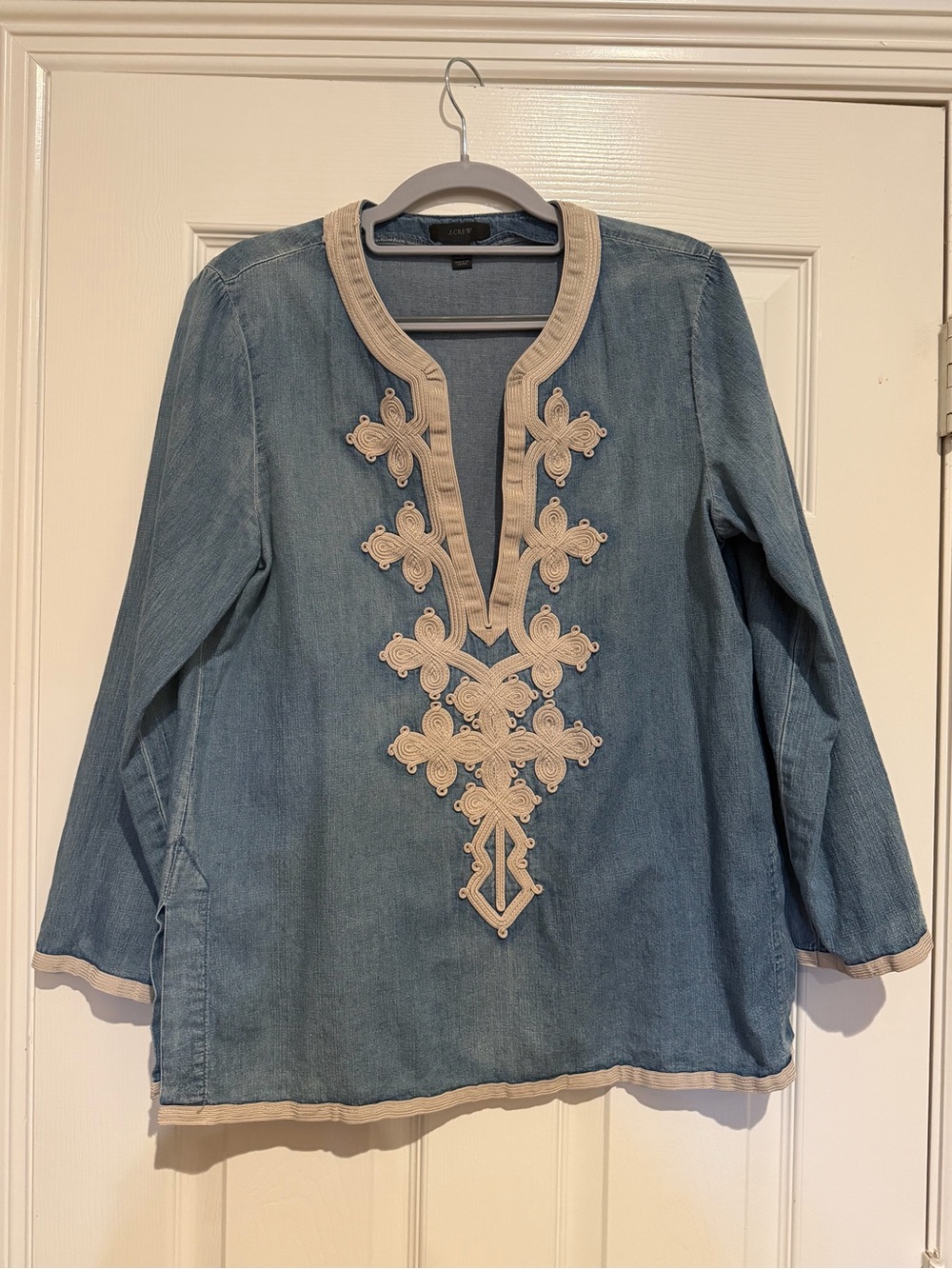 J. Crew Blue Denim Tunic with Cream Embroidery
